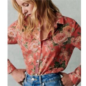 SEZANE Coral Pink Orange Floral Printed Lightweight Button Down Pierro Shirt